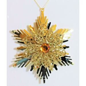 Gold Poinsettia Christmas Tree Ornament Snowflake 5" Metal Rhinestone New